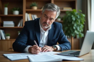 Homme d'âge moyen en blazer bleu examine documents d'assurance