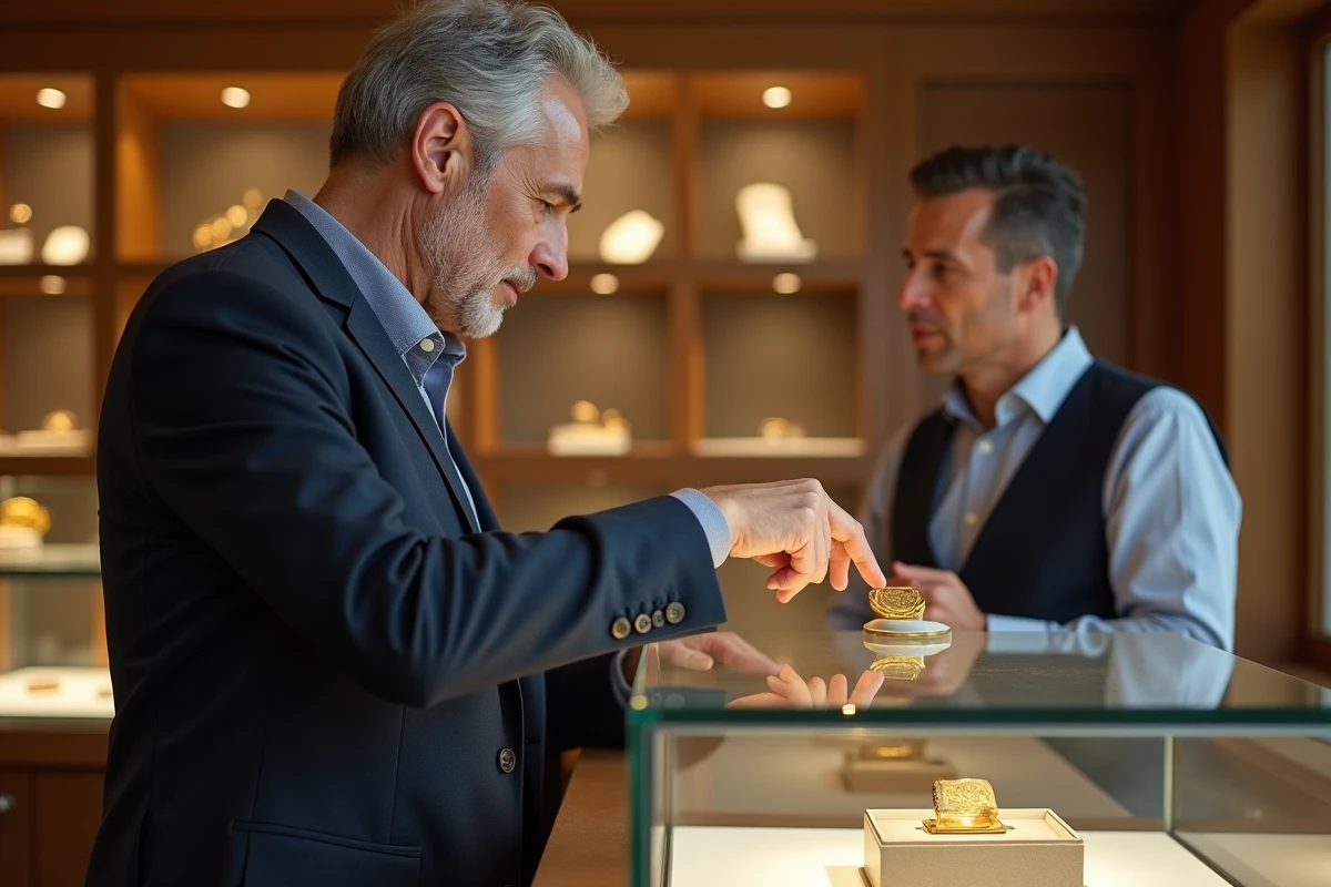 Homme examinant de l'or 24 carats en gramme dans une vitrine de bijouterie avec un bijoutier