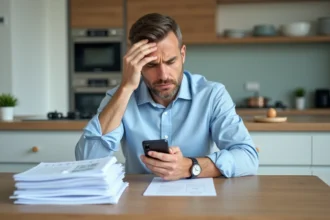 Homme d'âge moyen vérifiant ses finances sur smartphone à la maison