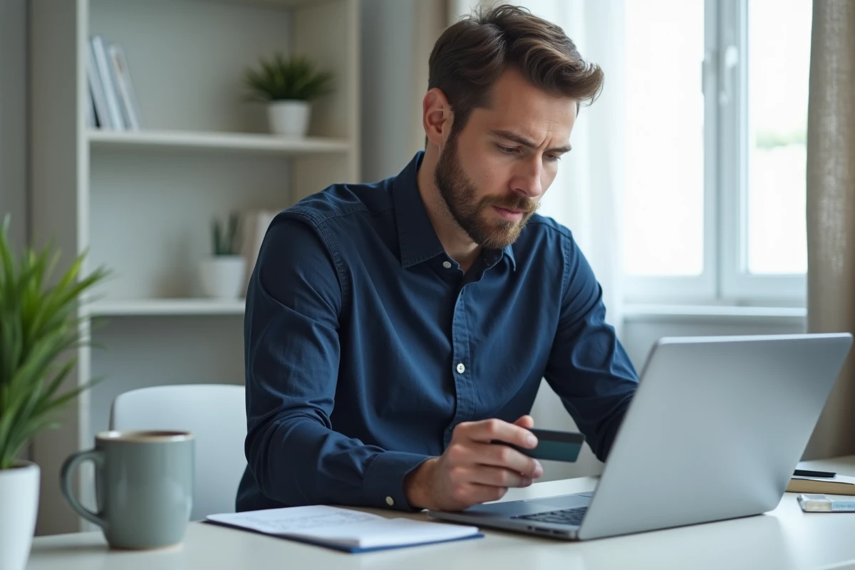 Homme français gérant un paiement en ligne depuis son bureau à domicile avec carte bancaire et ordinateur