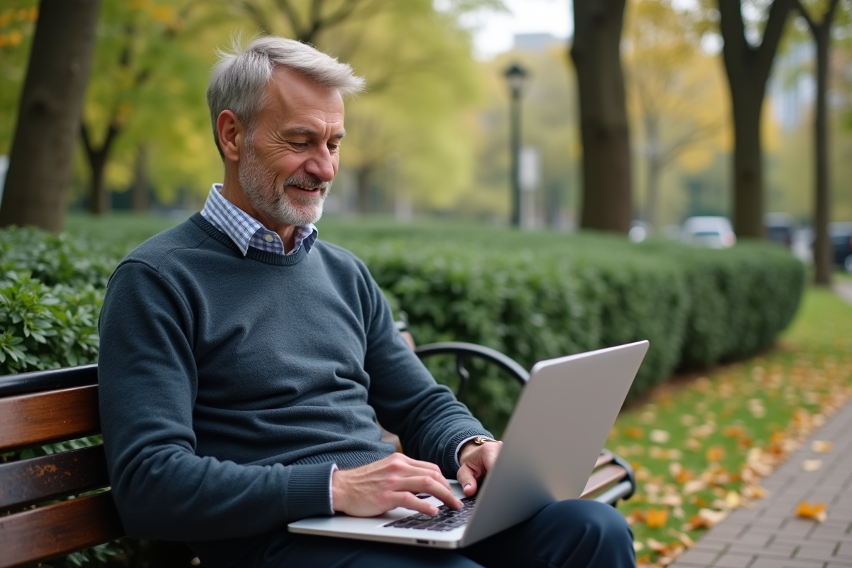 Homme indépendant utilisant un ordinateur dans un parc