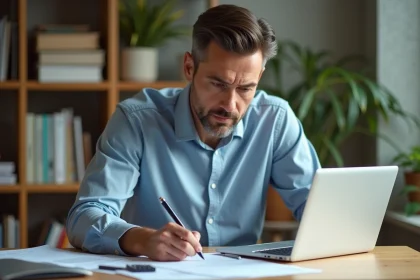 Homme d'âge moyen remplissant le formulaire 2044 dans un bureau cosy