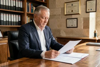Homme politique expérimenté en costume sombre examinant des documents officiels dans un bureau municipal élégant, illustrant la carrière et la retraite d'un élu local