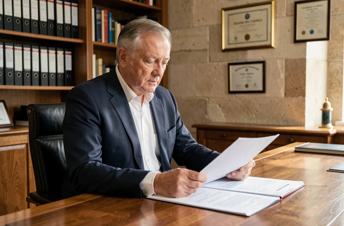 Homme politique expérimenté en costume sombre examinant des documents officiels dans un bureau municipal élégant, illustrant la carrière et la retraite d'un élu local