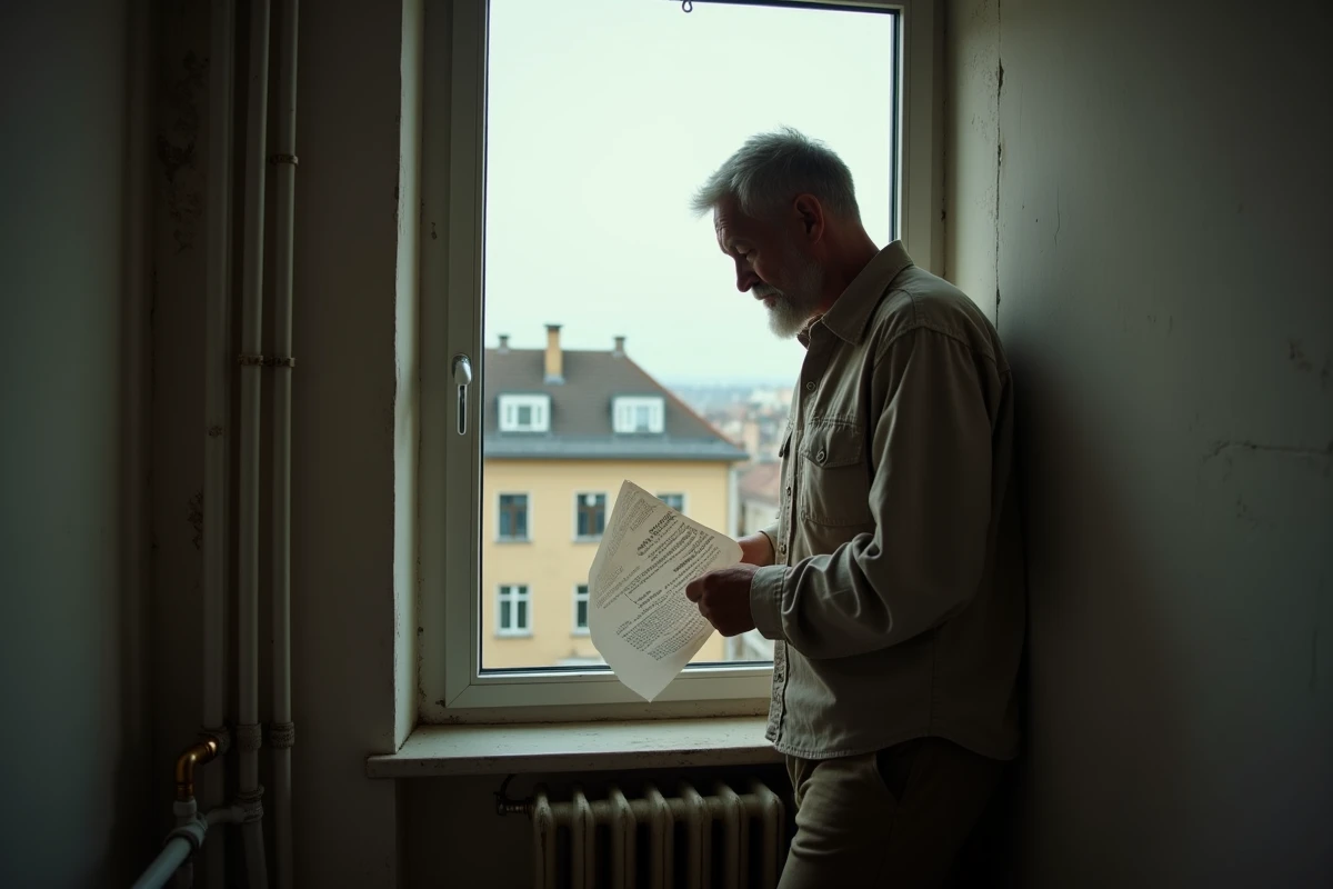 Homme regardant pensivement par la fenêtre dans un appartement urbain