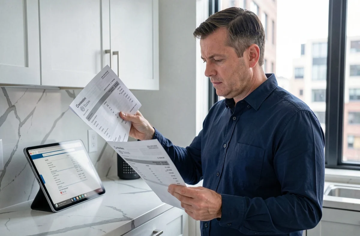 Homme comparant un relevé bancaire imprimé Crédit Agricole et une tablette numérique dans une cuisine moderne