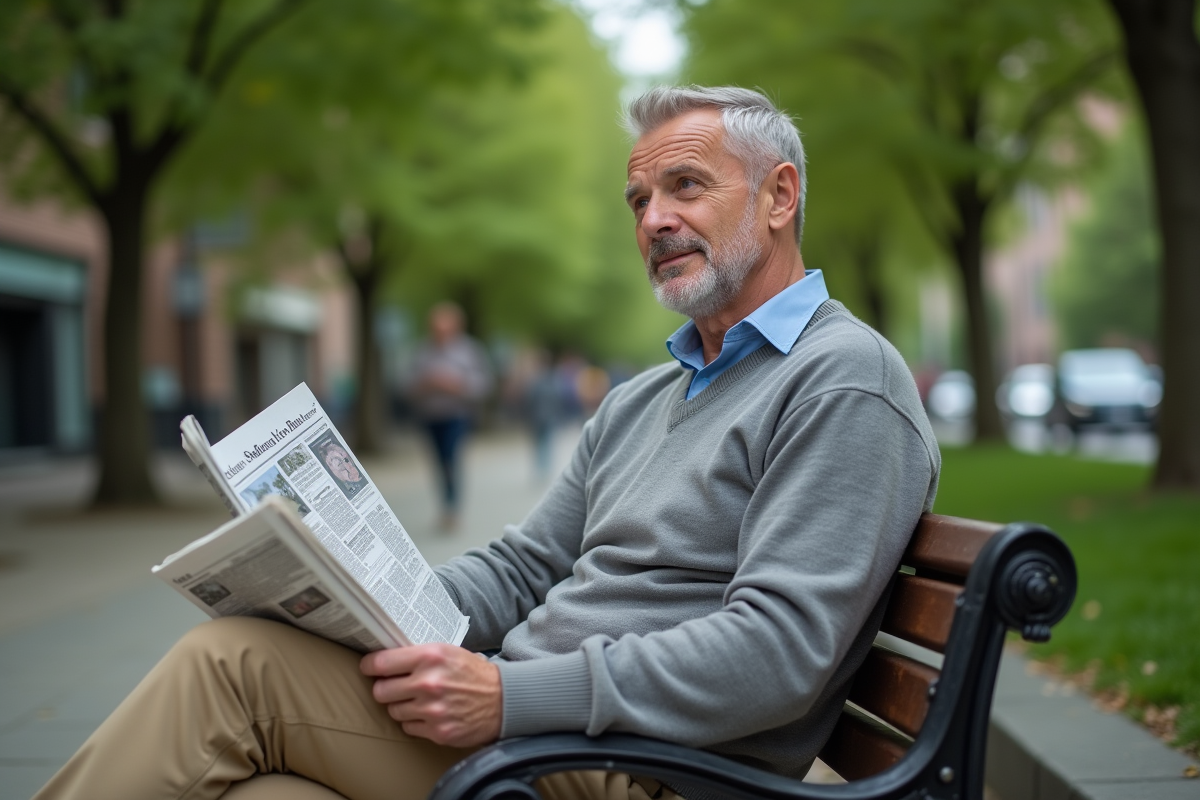 Homme relaxant dans un parc lisant un journal financier
