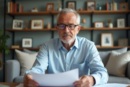 Homme d'âge moyen examinant des papiers dans un salon lumineux