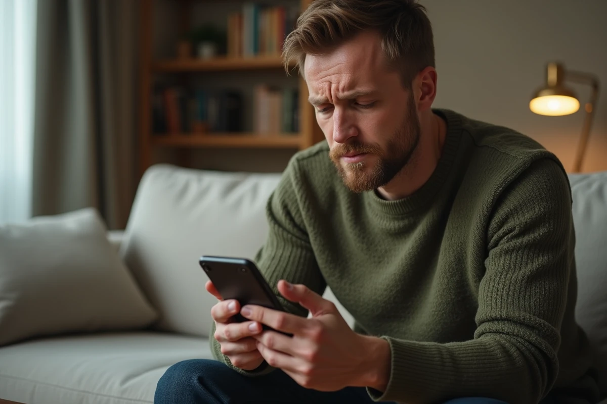 Homme dans un salon consultant son smartphone avec une erreur d'accès sur une application de courtage financier