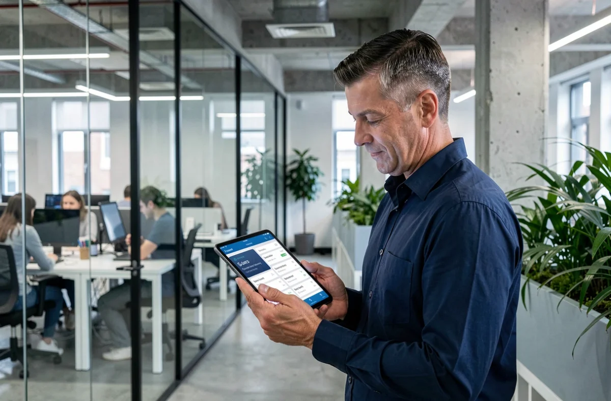 Homme d'affaires consultant des notifications de sécurité bancaire sur tablette dans un bureau en open space, symbolisant la protection des données des néobanques