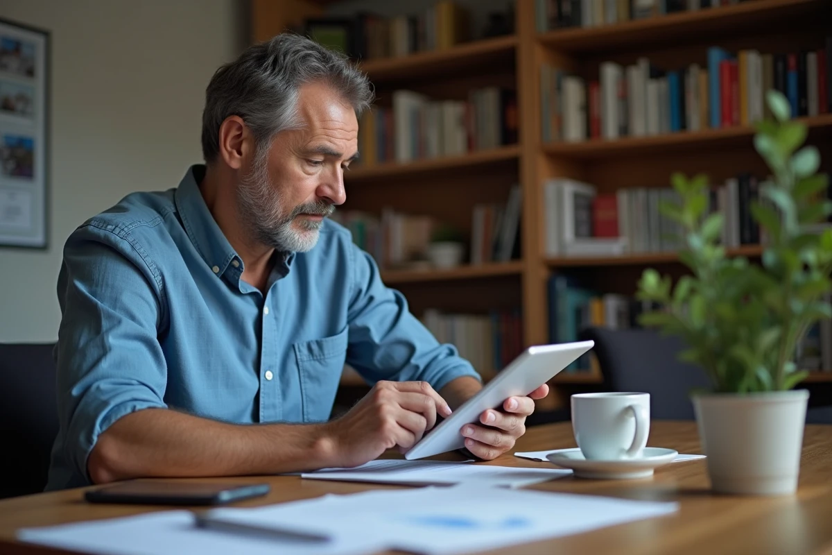Homme lisant des consignes de securite sur une tablette
