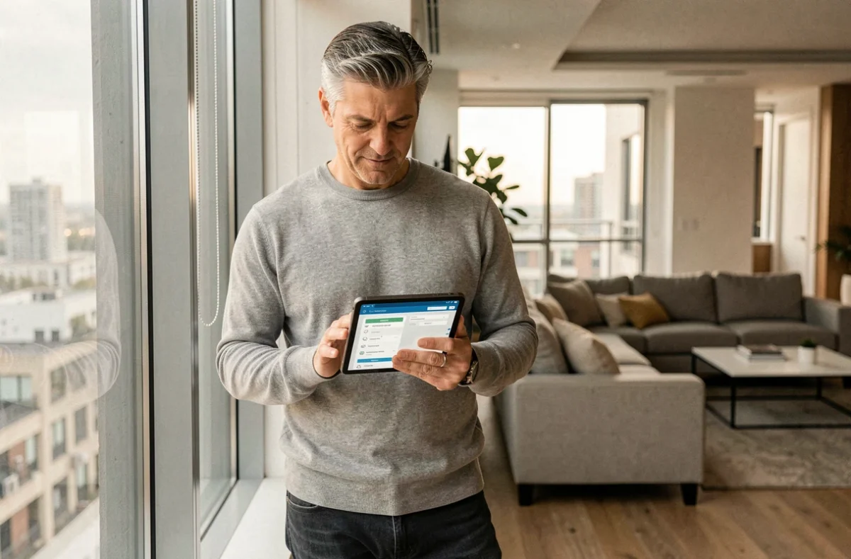 Homme consultant une interface de comparaison d'assurance emprunteur sur tablette depuis son appartement, évoquant Magnolia assurance