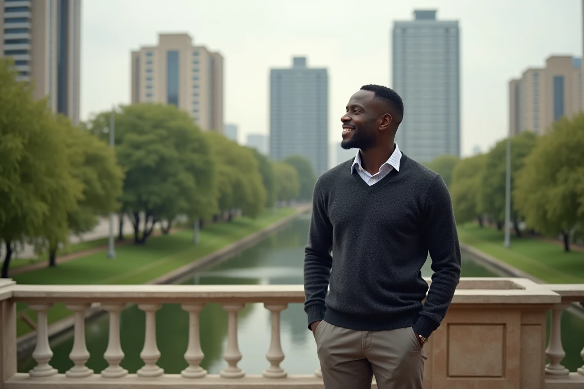 Homme africain confiant en tenue décontractée sur une terrasse urbaine