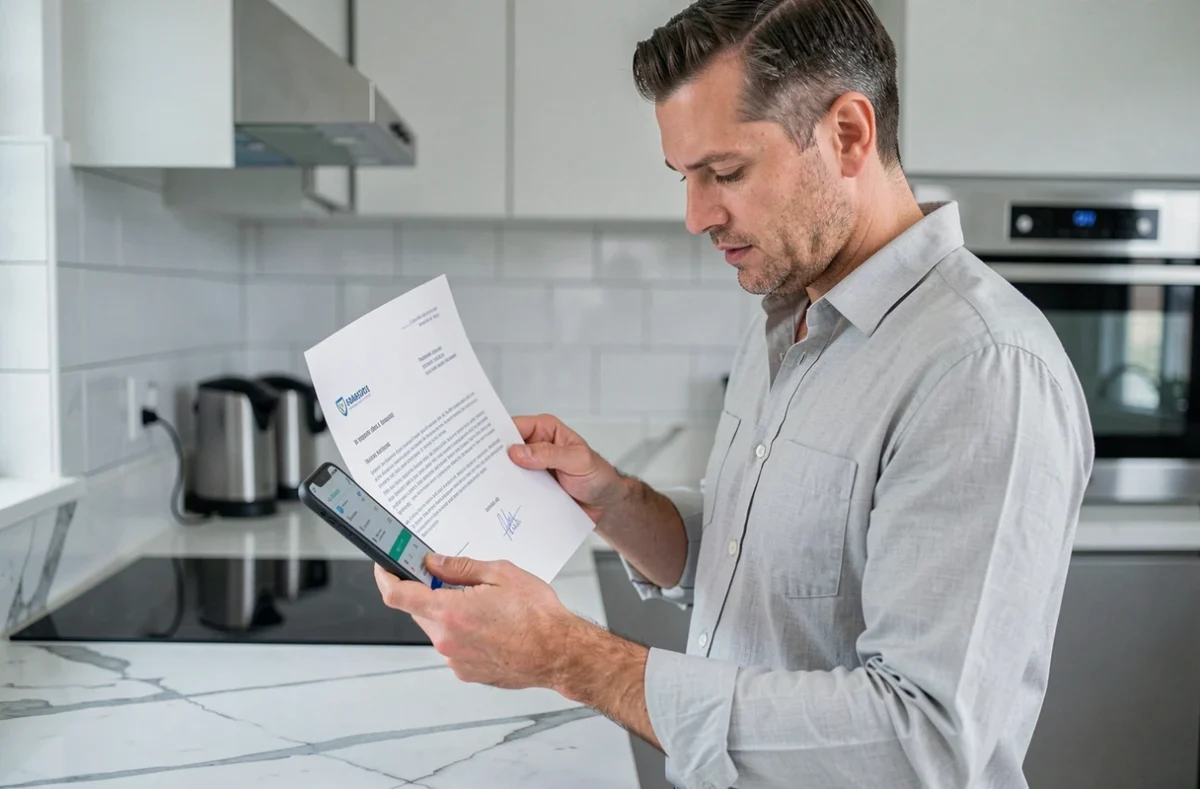 Homme vérifiant un prélèvement ADIS non reconnu sur son compte bancaire via son téléphone et un courrier imprimé