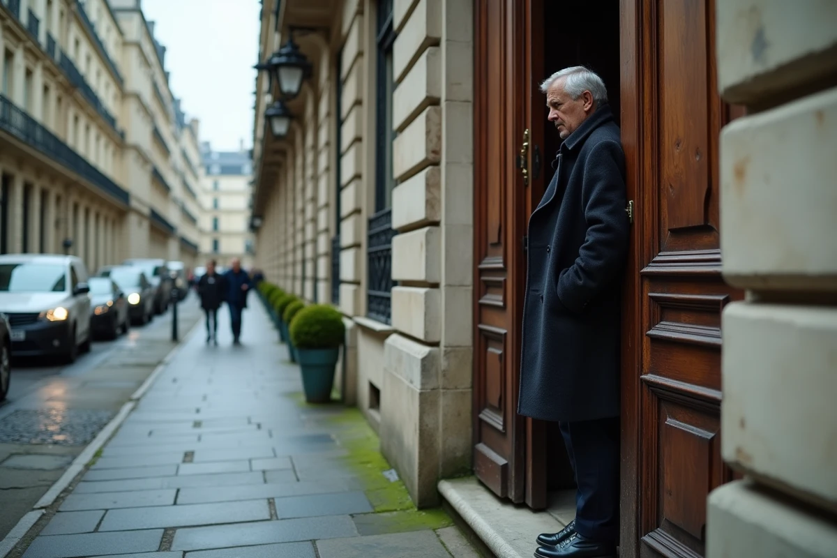 Façade haussmannienne d'un immeuble parisien de luxe avec homme discret entrant par une porte en bois sculpté