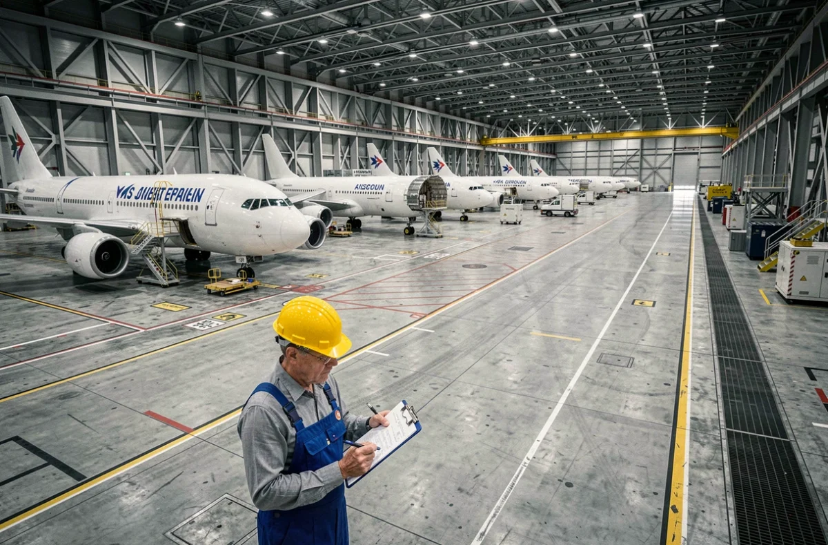 Ingénieur aéronautique dans un hangar d'assemblage Airbus avec plusieurs avions en cours de fabrication