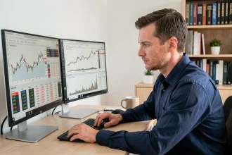 Investisseur analysant les cours boursiers Air Liquide sur écrans doubles avant de passer un ordre EPA