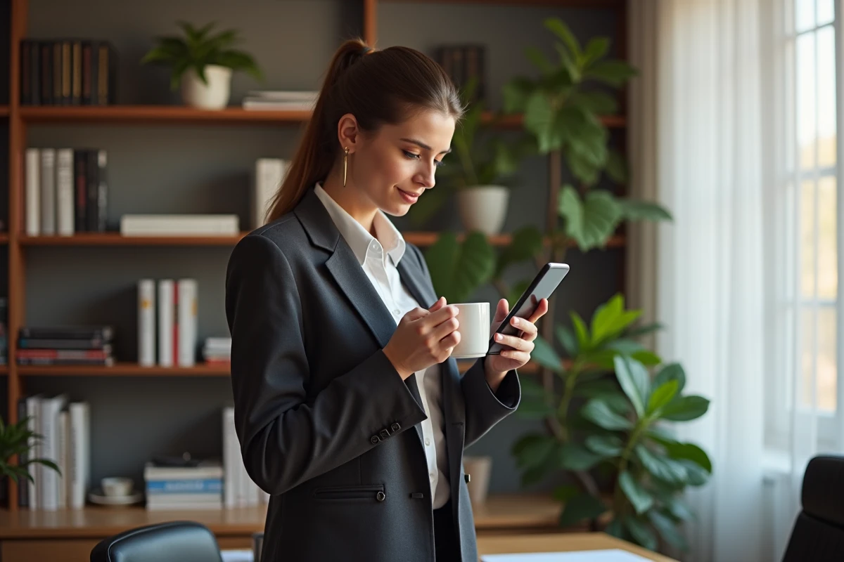 Femme investisseuse consulte les horaires d'ouverture des marchés financiers sur smartphone depuis son bureau à domicile