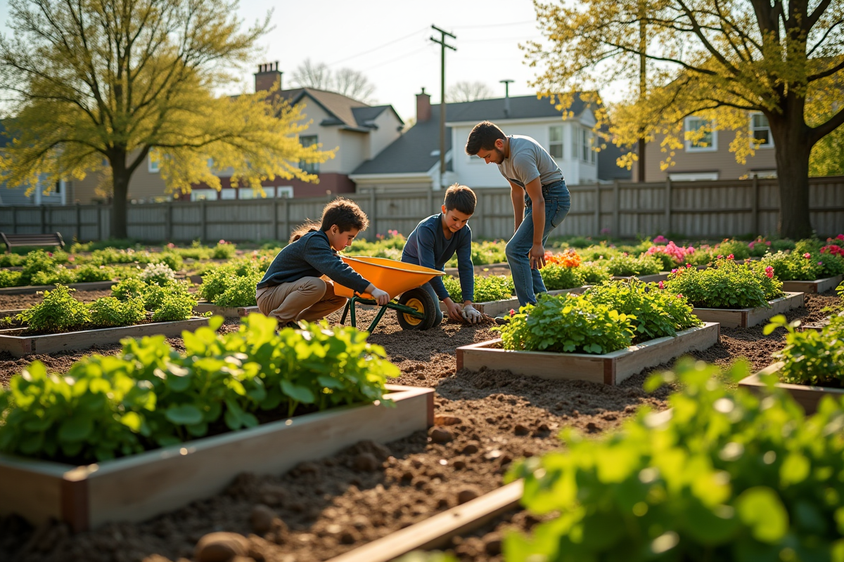 Champs en transformation en jardin partagé avec famille plantant des fleurs