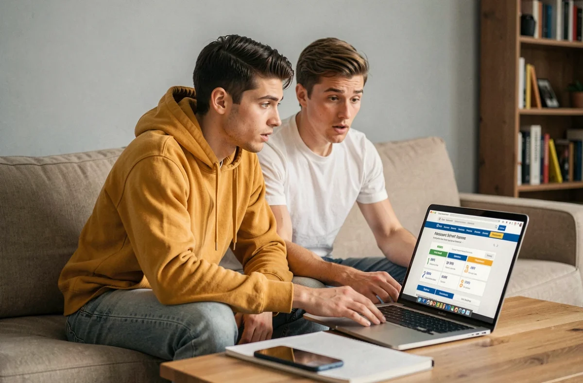 Jeune couple comparant les prix de mutuelles santé sur un ordinateur portable à la maison