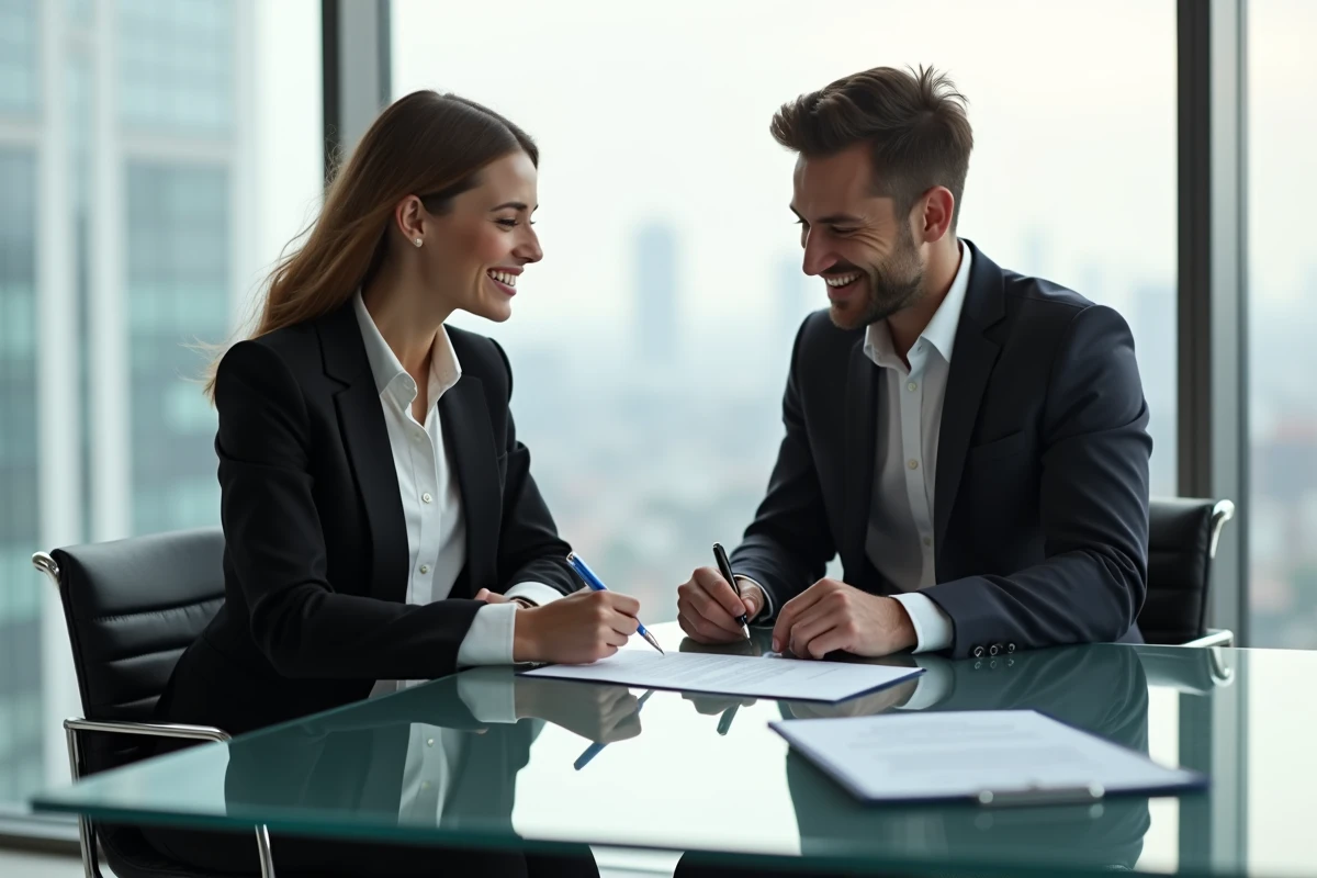 Jeune couple discutant d un document immobilier dans un bureau moderne