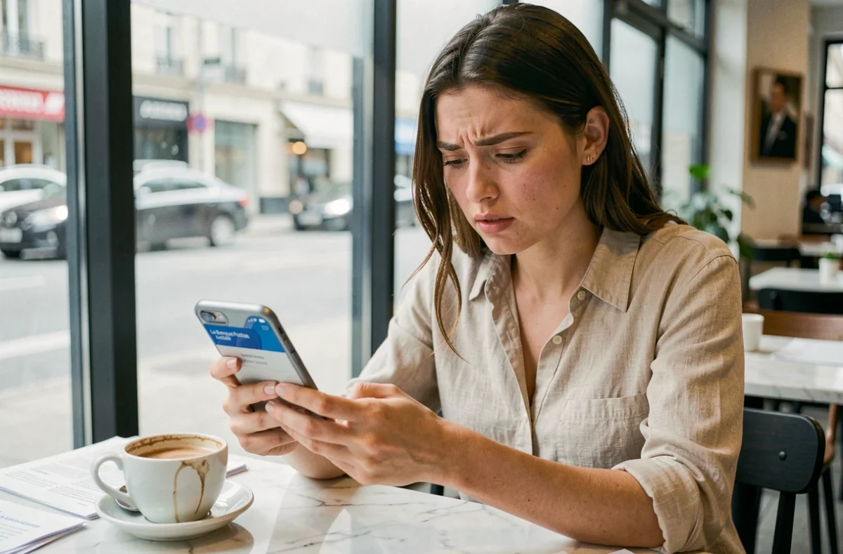 Jeune femme consultant l'application mobile La Banque Postale dans un café urbain