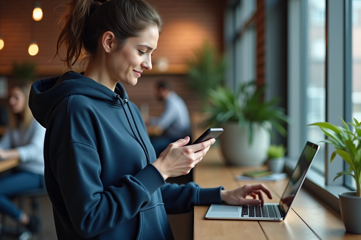 Jeune femme cherchant comment contacter PayPal par téléphone dans un espace de coworking