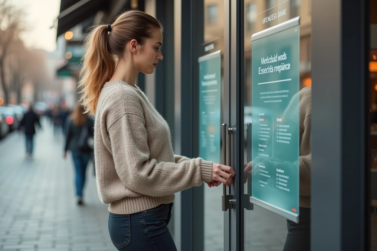 Jeune femme regardant une affiche devant une banque