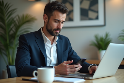 Jeune homme d'affaires en costume regardant son smartphone