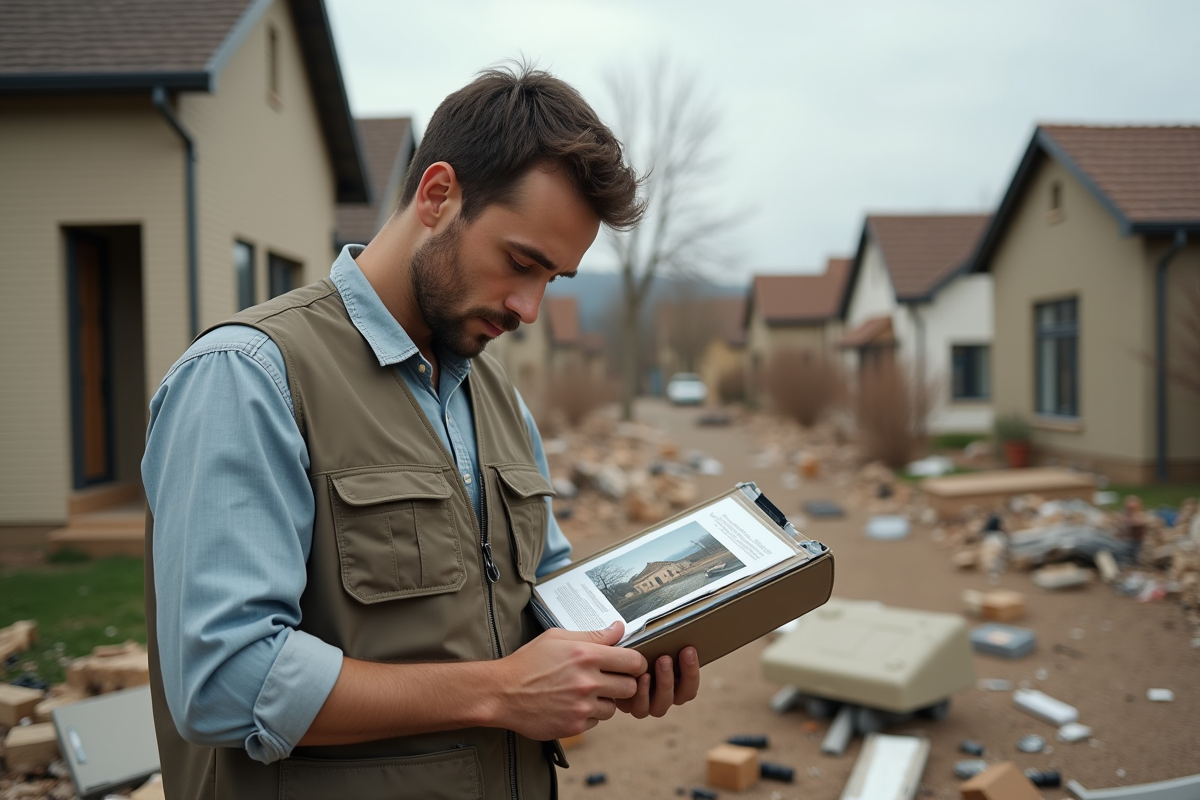 Jeune homme en vêtements de travail devant maison endommagée
