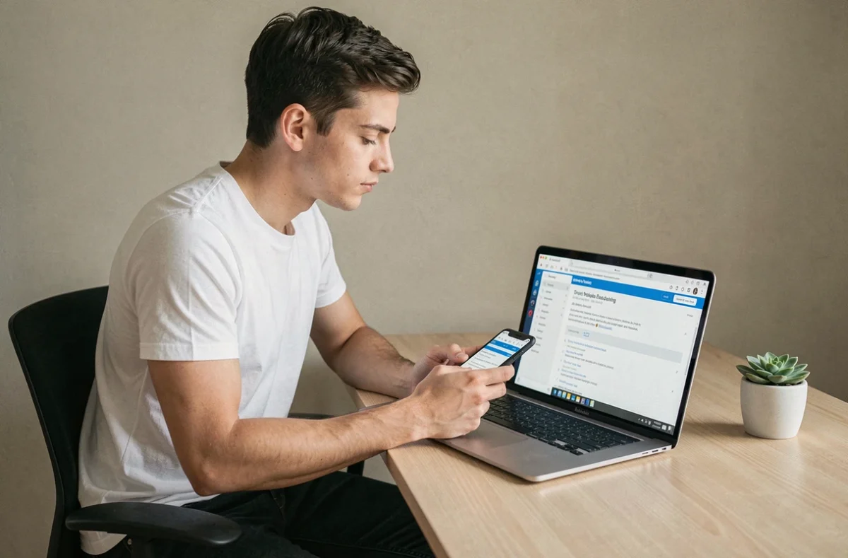 Jeune homme comparant l'application Nickel sur smartphone et ordinateur portable pour résoudre un problème technique