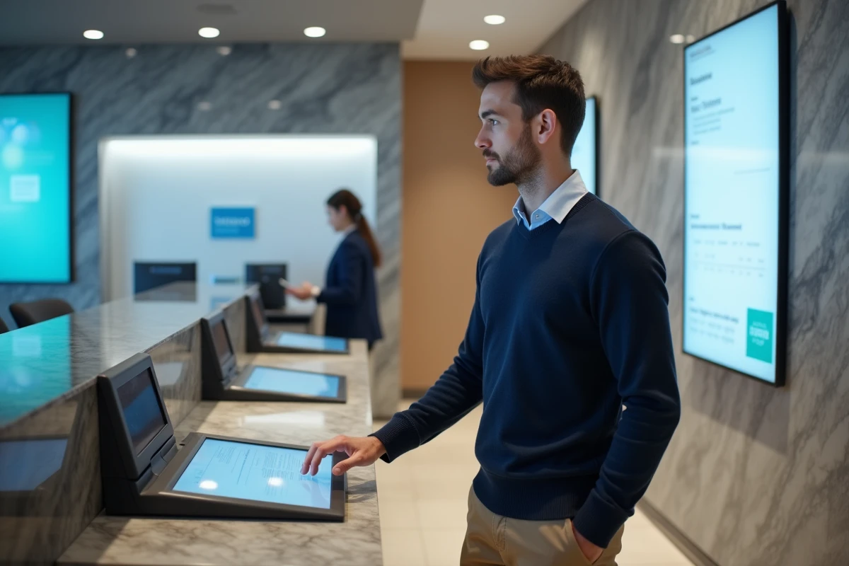Jeune homme examinant des documents fiscaux sur un kiosque bancaire moderne