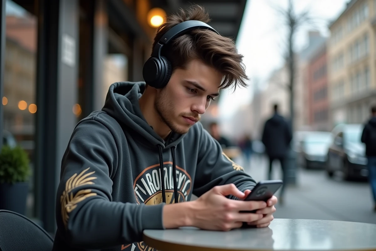 Jeune homme à la mode avec hoodie graphique et écouteurs dans un café urbain