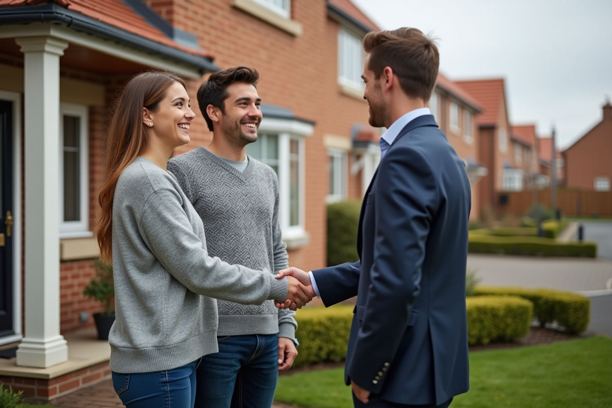 Jeune couple serrant la main avec conseiller mortgage devant maison