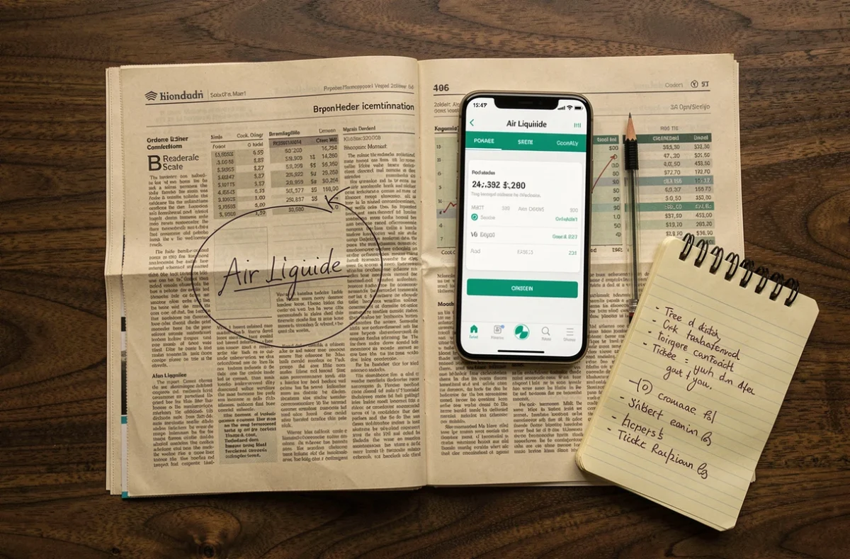 Journal financier avec cotation Air Liquide cerclée et smartphone affichant un ordre boursier EPA