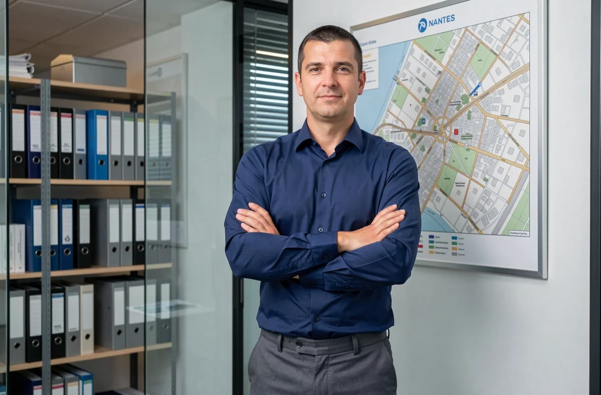 Courtier KG Crédit Nantes devant une carte immobilière de Nantes dans son agence professionnelle