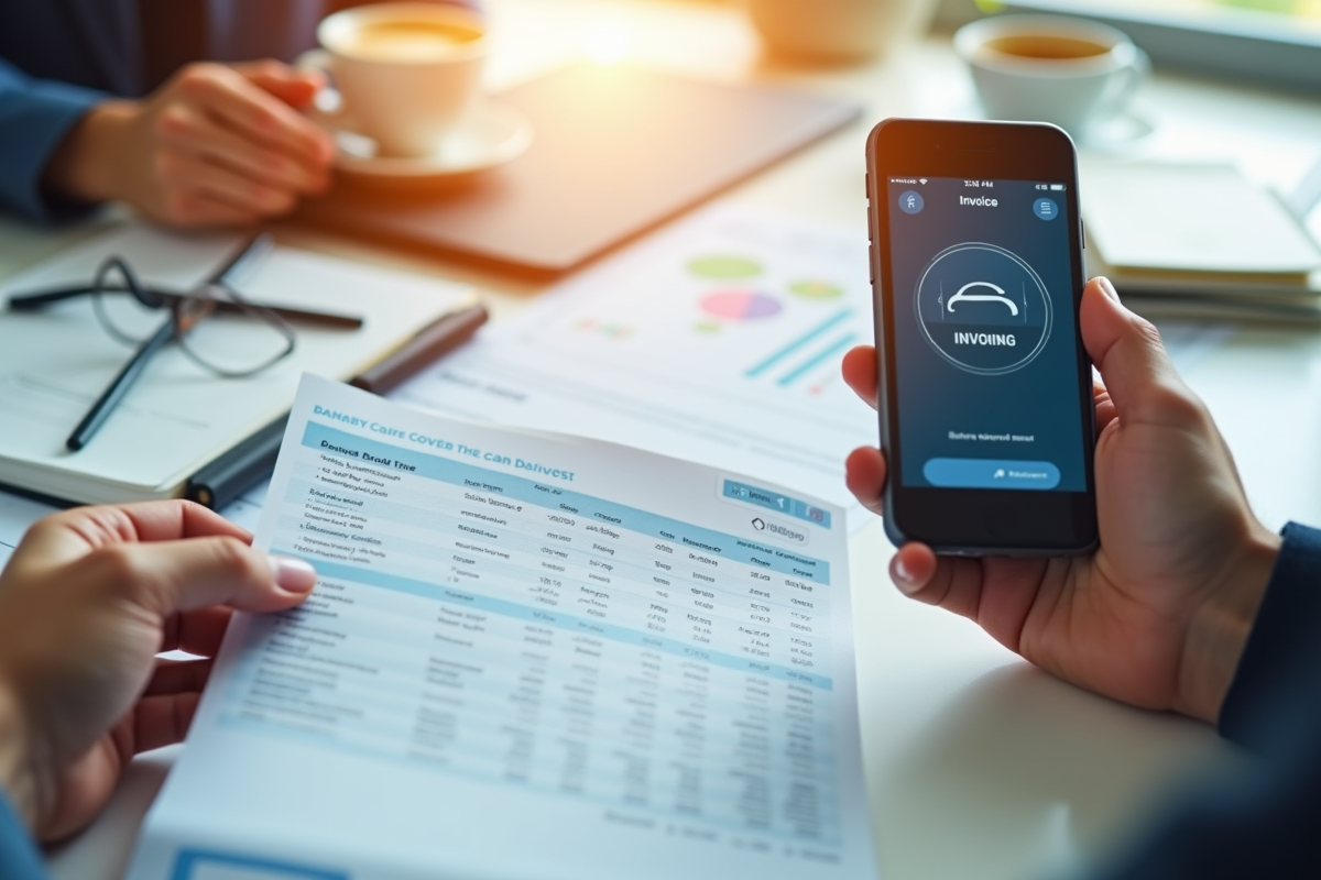 Mains tenant une facture et un smartphone avec application bancaire
