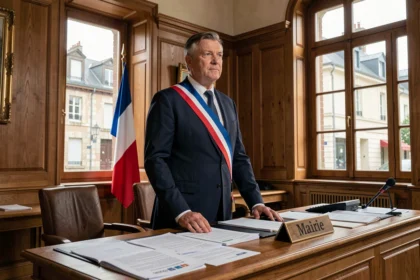 Maire d'une petite commune française en écharpe tricolore dans son bureau officiel de mairie