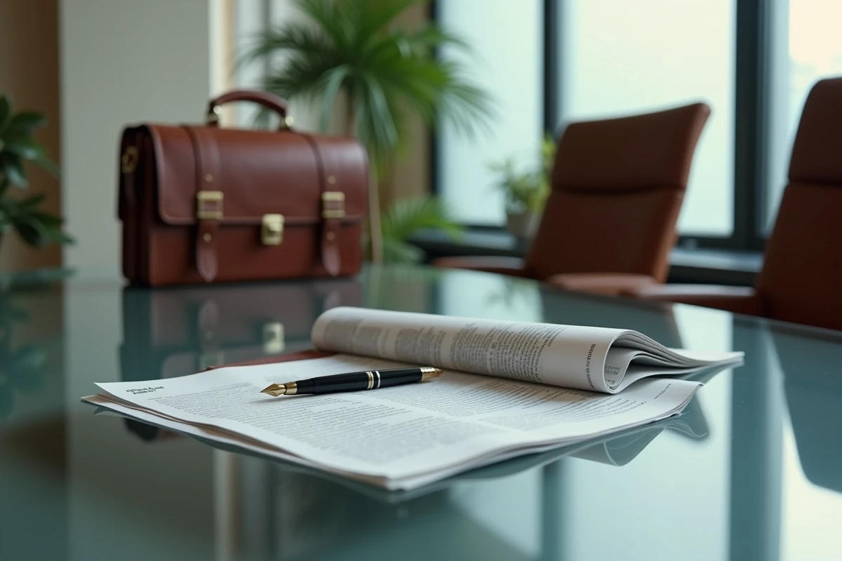 Mallette en cuir et documents financiers sur une table de conférence dans un bureau bancaire parisien contemporain