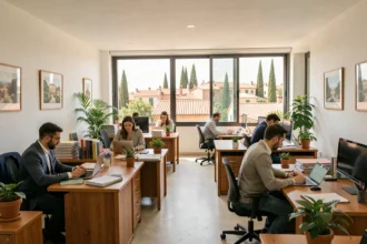 Vue d'ensemble d'un cabinet comptable moderne en Occitanie avec des professionnels travaillant en open space