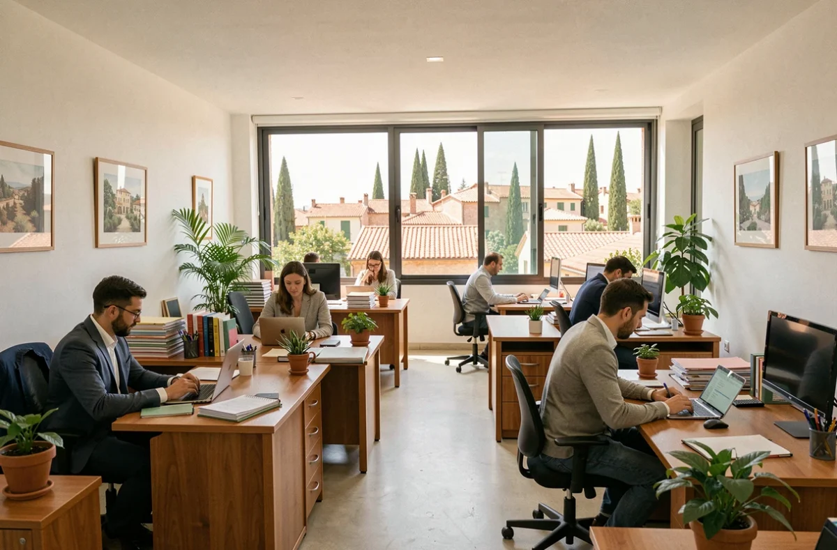 Vue d'ensemble d'un cabinet comptable moderne en Occitanie avec des professionnels travaillant en open space