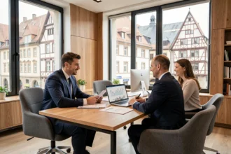 Courtier en crédit immobilier en consultation avec des clients dans un bureau moderne à Strasbourg