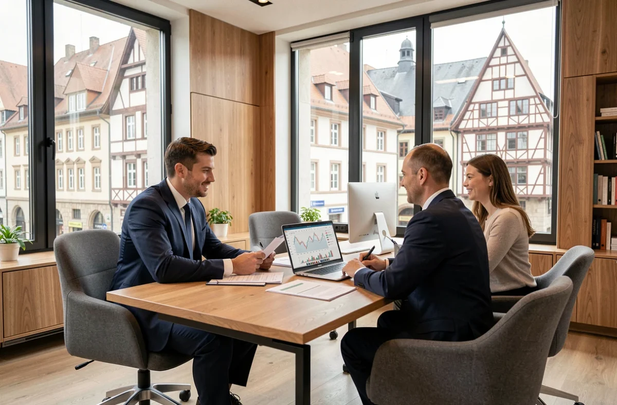 Courtier en crédit immobilier en consultation avec des clients dans un bureau moderne à Strasbourg