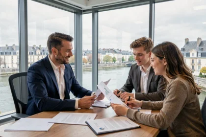 Un courtier immobilier professionnel conseille un couple pour un prêt immobilier en Loire-Atlantique, avec vue sur Nantes en arrière-plan