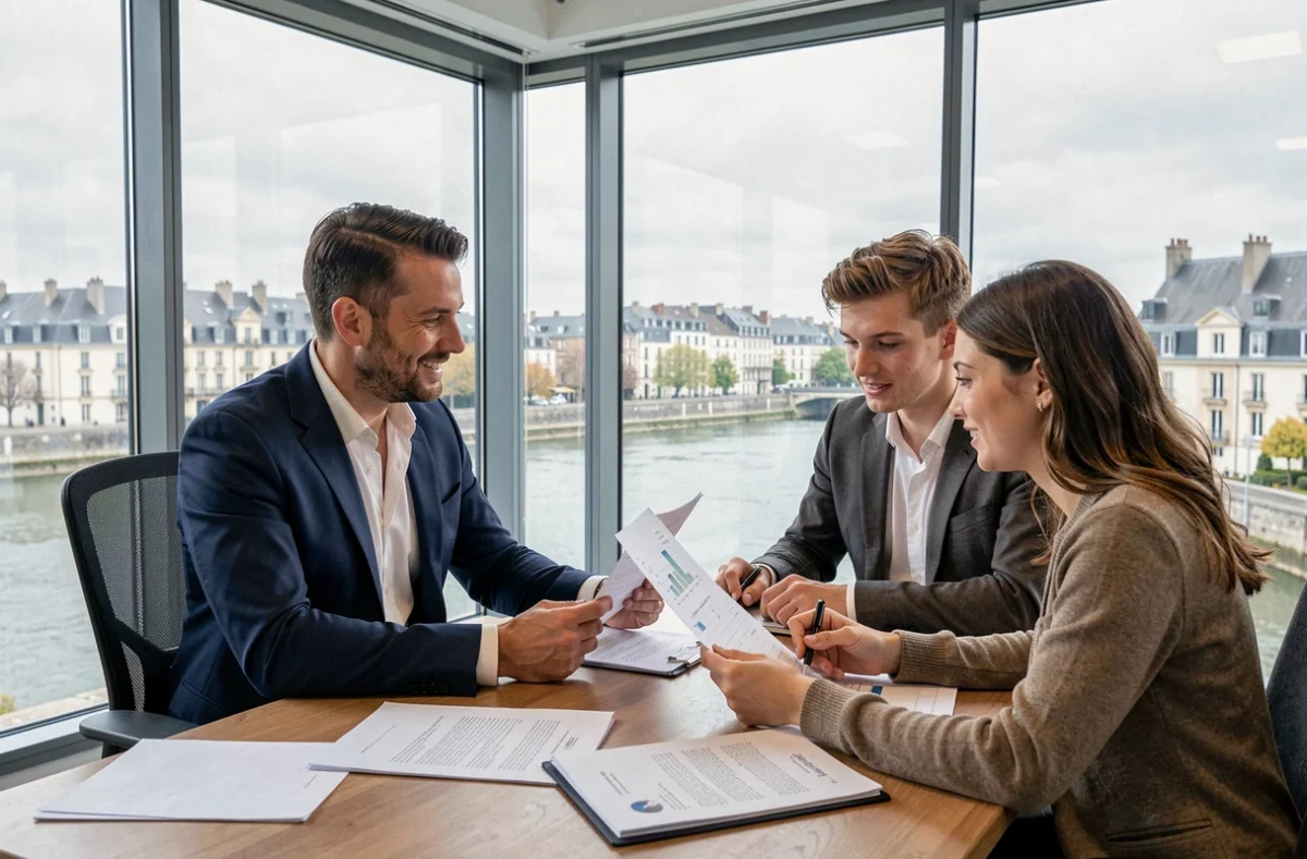 Un courtier immobilier professionnel conseille un couple pour un prêt immobilier en Loire-Atlantique, avec vue sur Nantes en arrière-plan