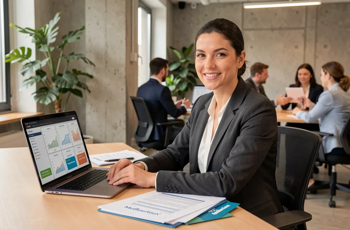 Conseillère Meilleurtaux Nantes présentant une simulation de prêt immobilier à un client dans un bureau moderne