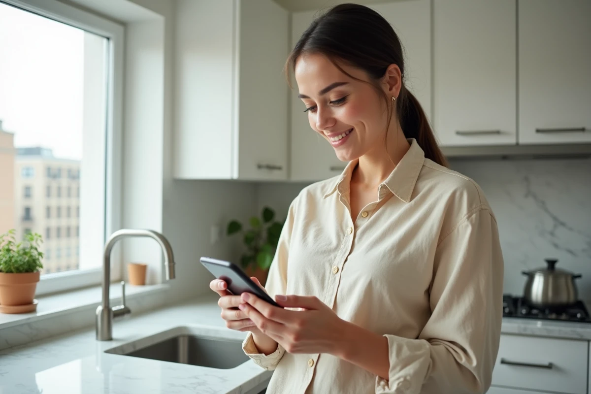 Jeune femme mettant à jour ses coordonnées bancaires depuis son smartphone dans une cuisine moderne