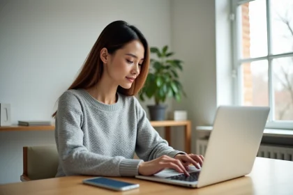 Femme mettant à jour ses informations personnelles sur un compte bancaire en ligne depuis un bureau à domicile