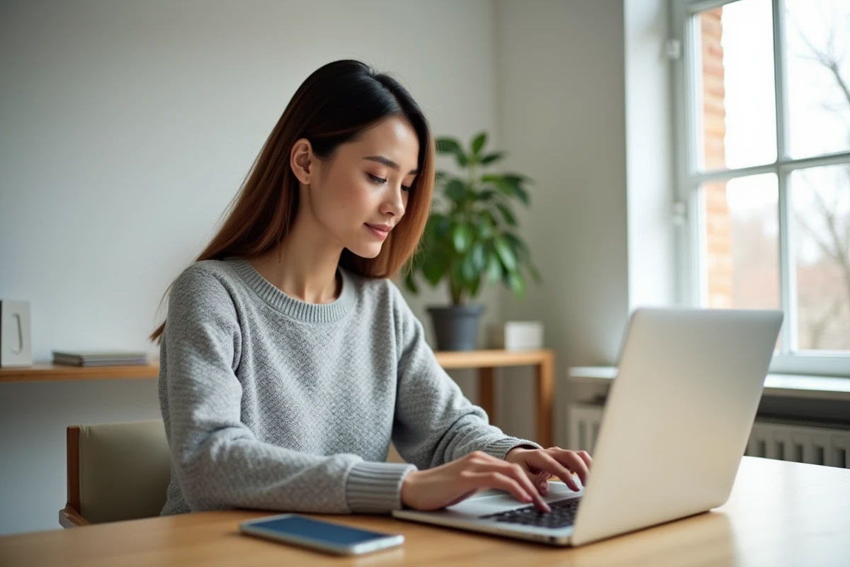 Femme mettant à jour ses informations personnelles sur un compte bancaire en ligne depuis un bureau à domicile