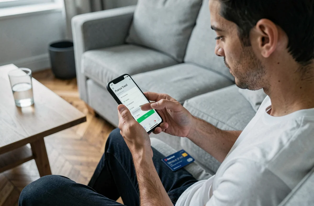 Personne vérifiant la mise à jour de son RIB sur l'application mobile France Travail depuis son canapé